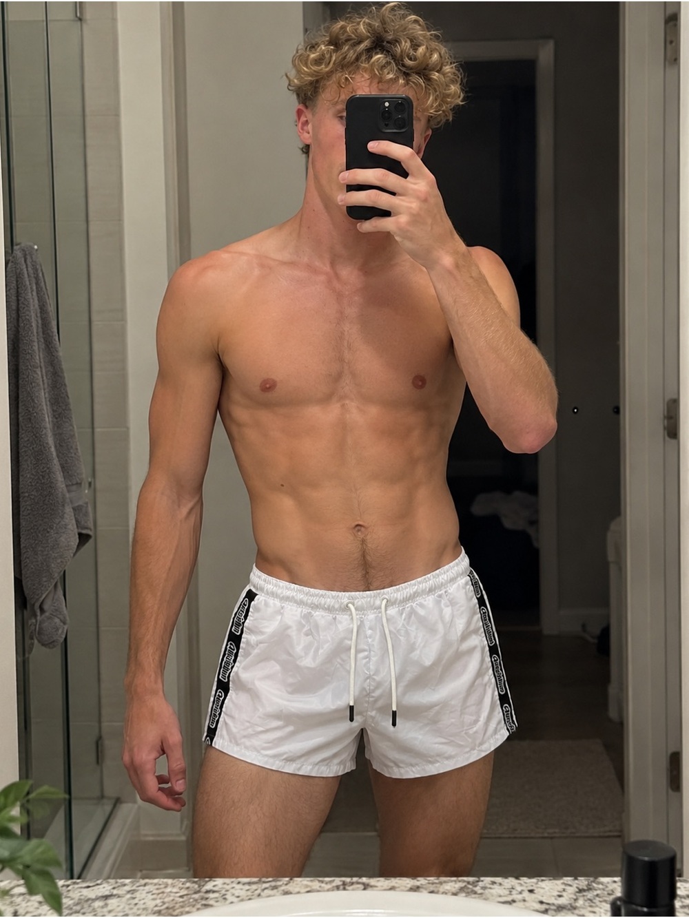 Men's White Ultra short inseam Swim Trunks with AussieBum Black Side Piping